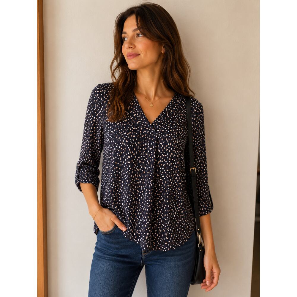 Beacon Navy Speckled V Neck Roll Tab Blouse XL